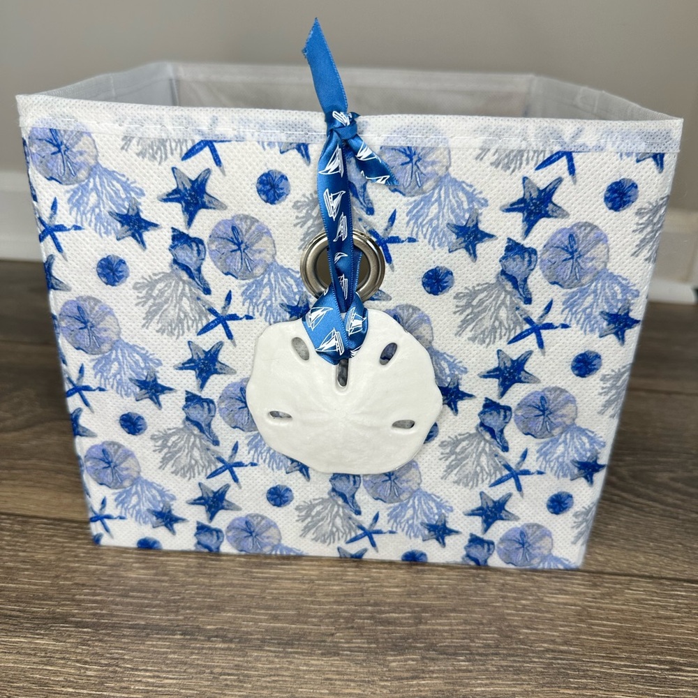 Blue and White Seashell Storage Bin